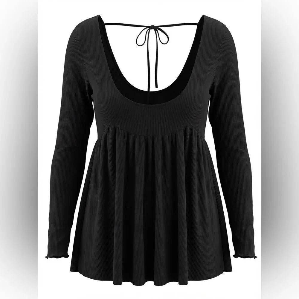 FREE PEOPLE WOMENS OPEN NECK RIBBED BLOUSE BLACK SIZE XS